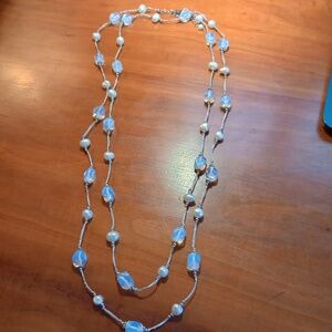 Long Luxurious pearl and iridescent stones necklace 48" plus 1 1/2 " extender
